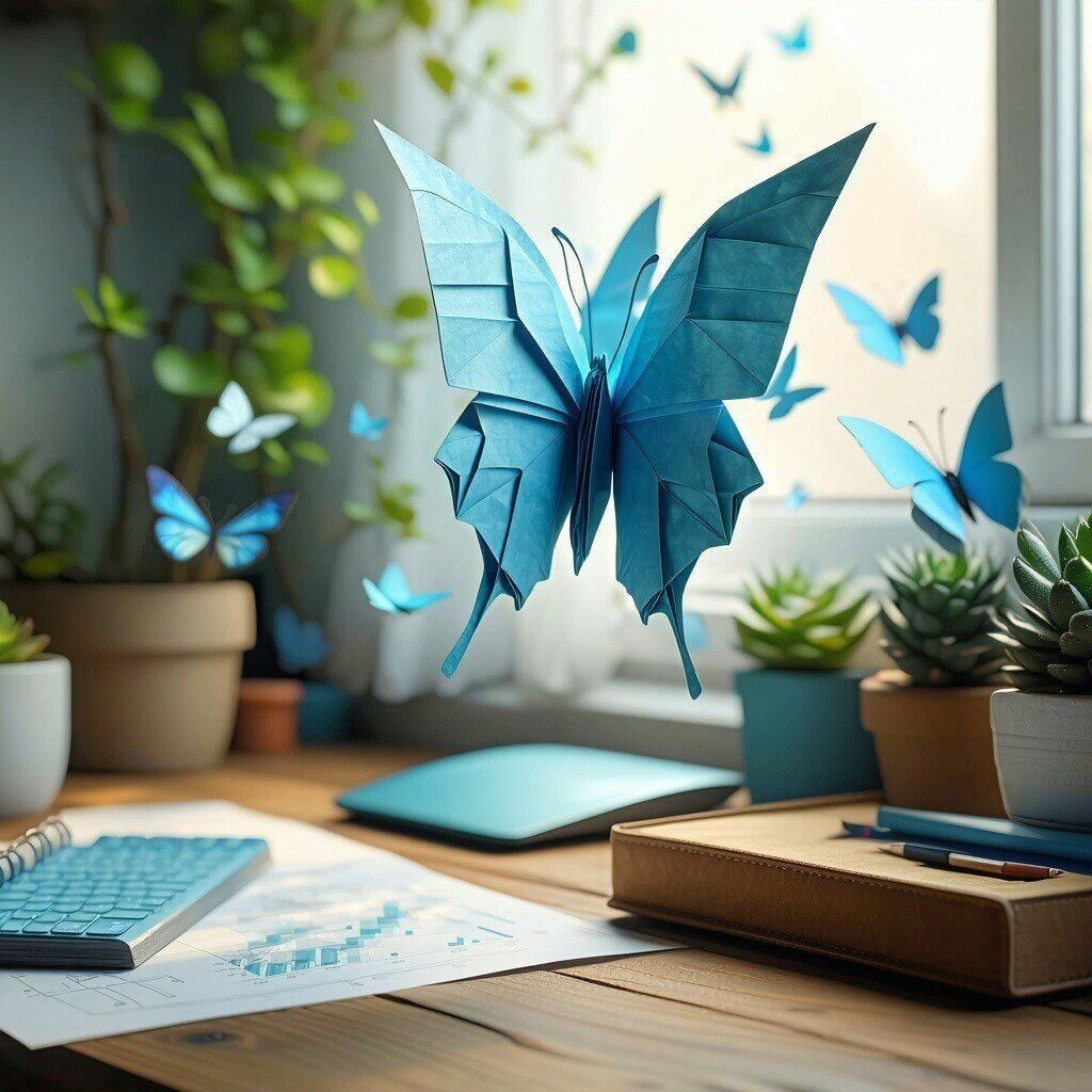 The origami butterfly flutters gracefully above the desk, its delicate paper wings adorned with intricate folds and vibrant hues of azure, catching th